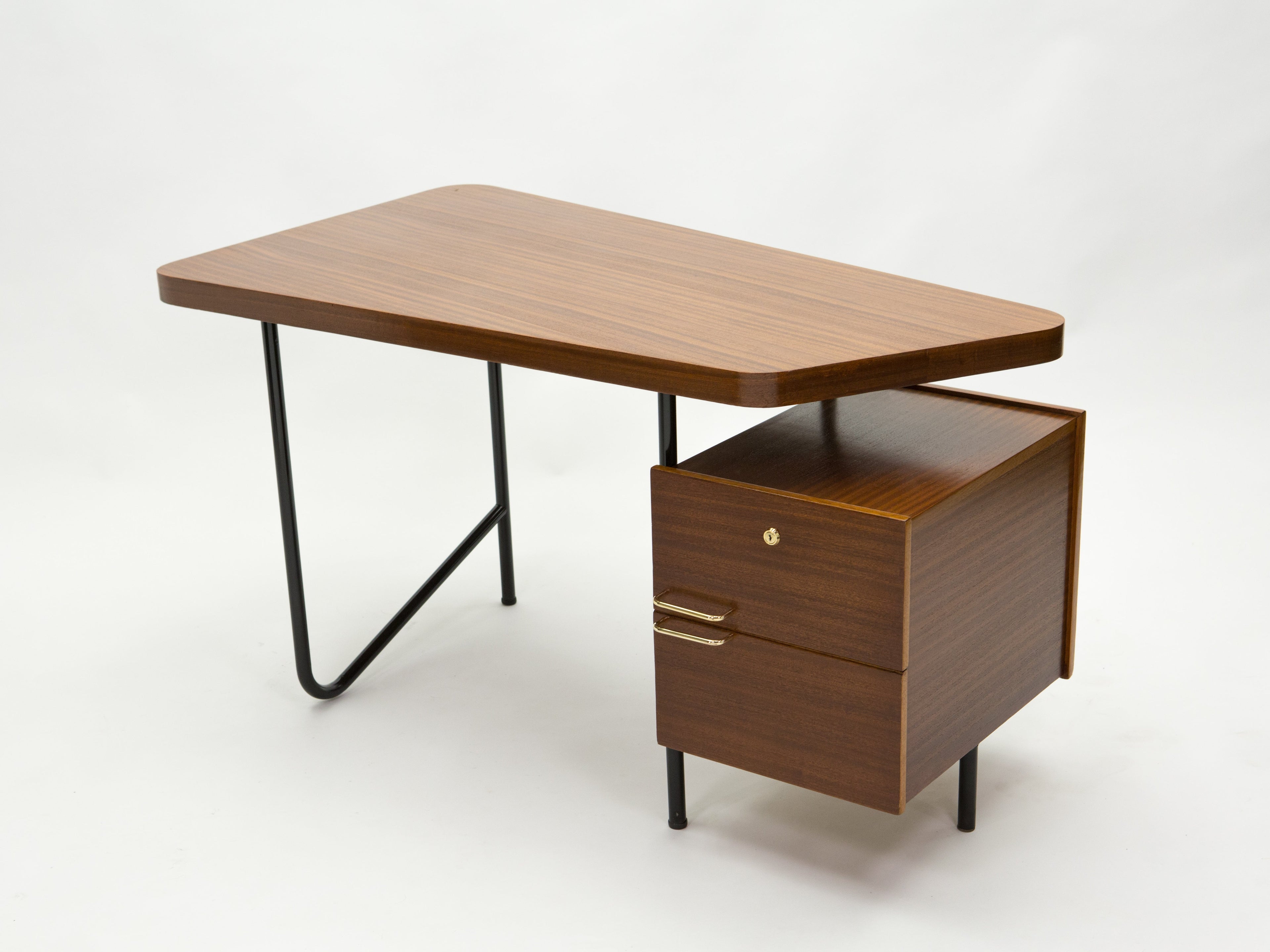 Rare French desk Georges Frydman mahogany black metal brass 1950s