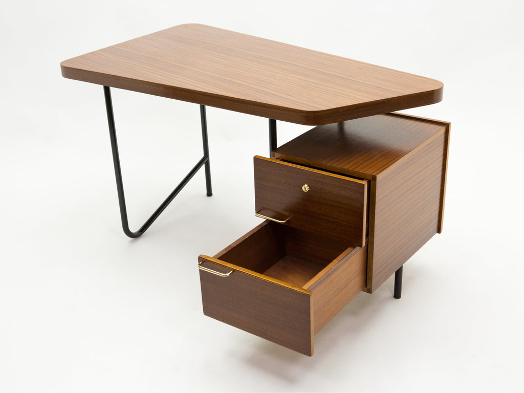 Rare French desk Georges Frydman mahogany black metal brass 1950s