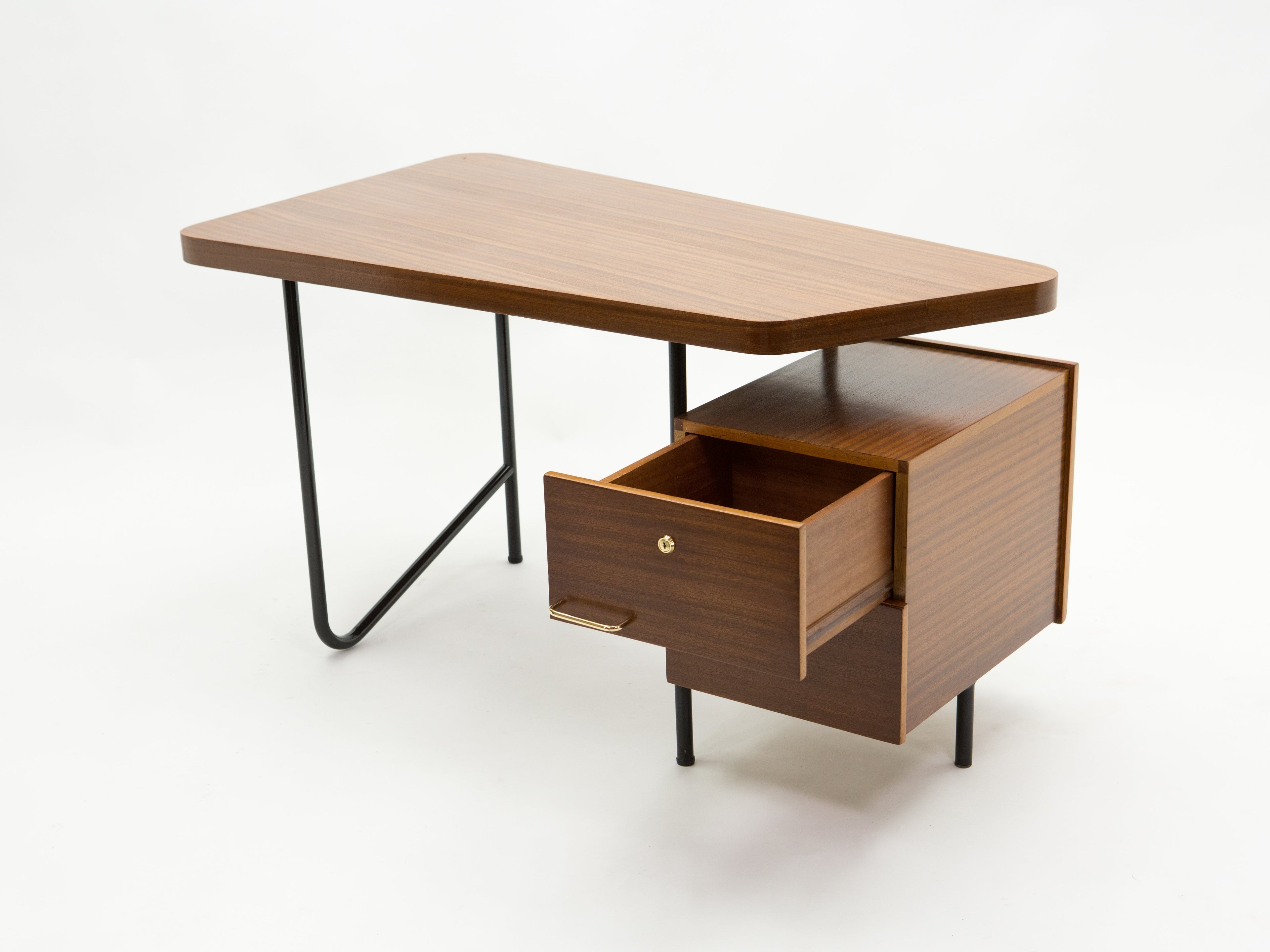 Rare French desk Georges Frydman mahogany black metal brass 1950s