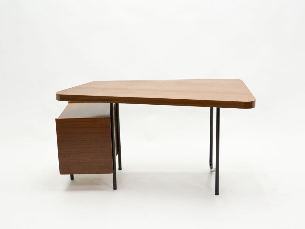 Rare French desk Georges Frydman mahogany black metal brass 1950s