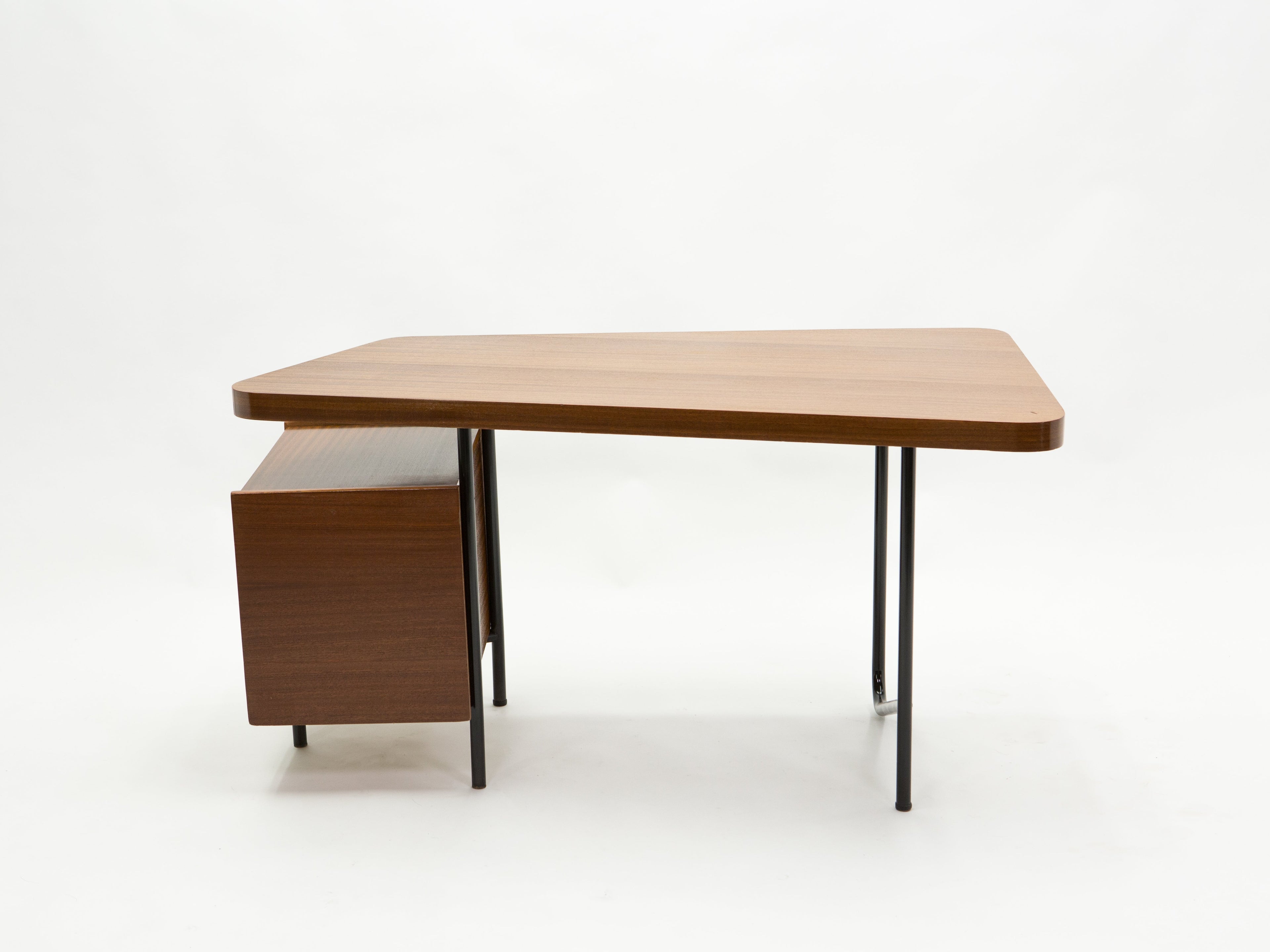 Rare French desk Georges Frydman mahogany black metal brass 1950s