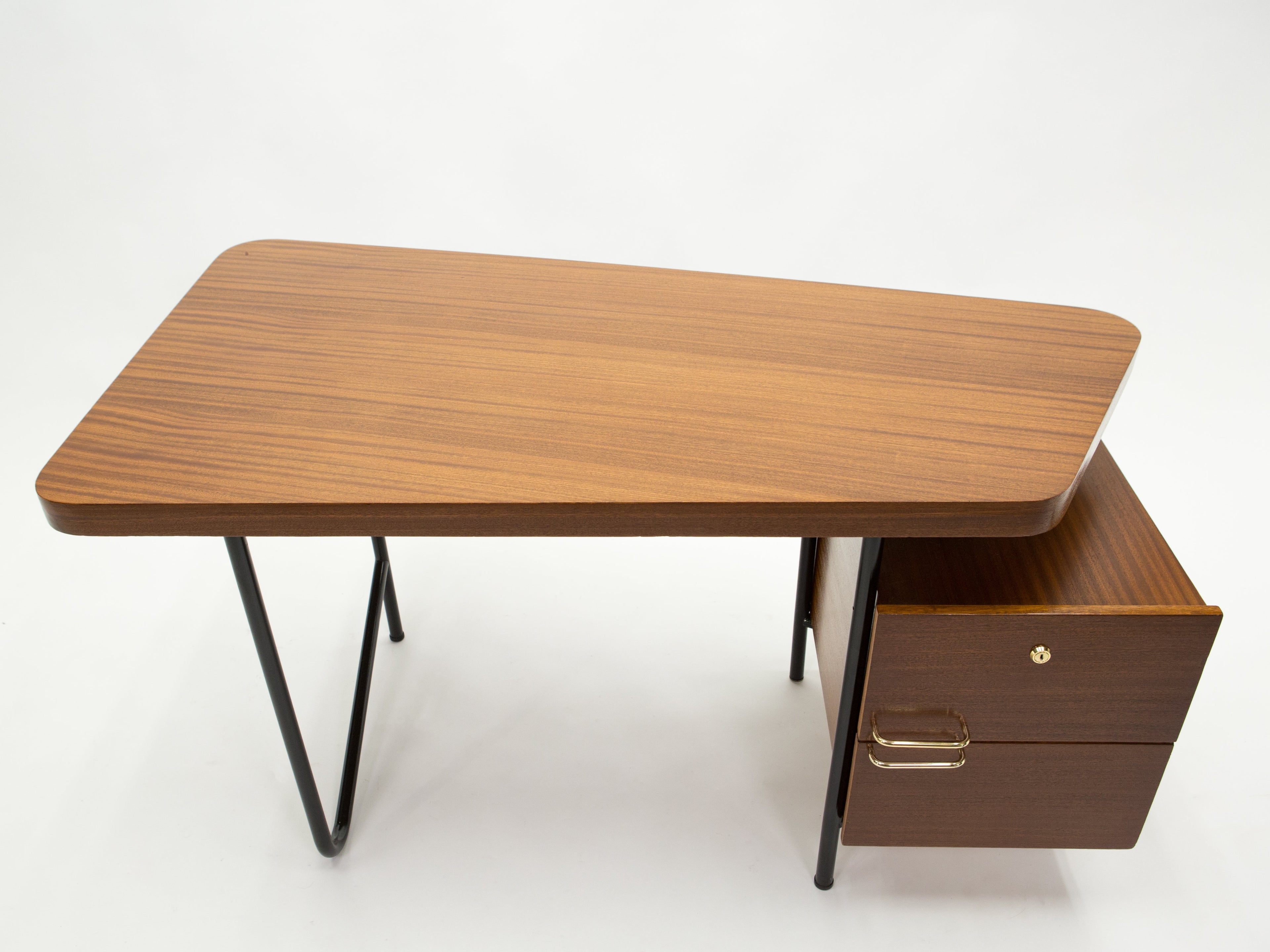 Rare French desk Georges Frydman mahogany black metal brass 1950s