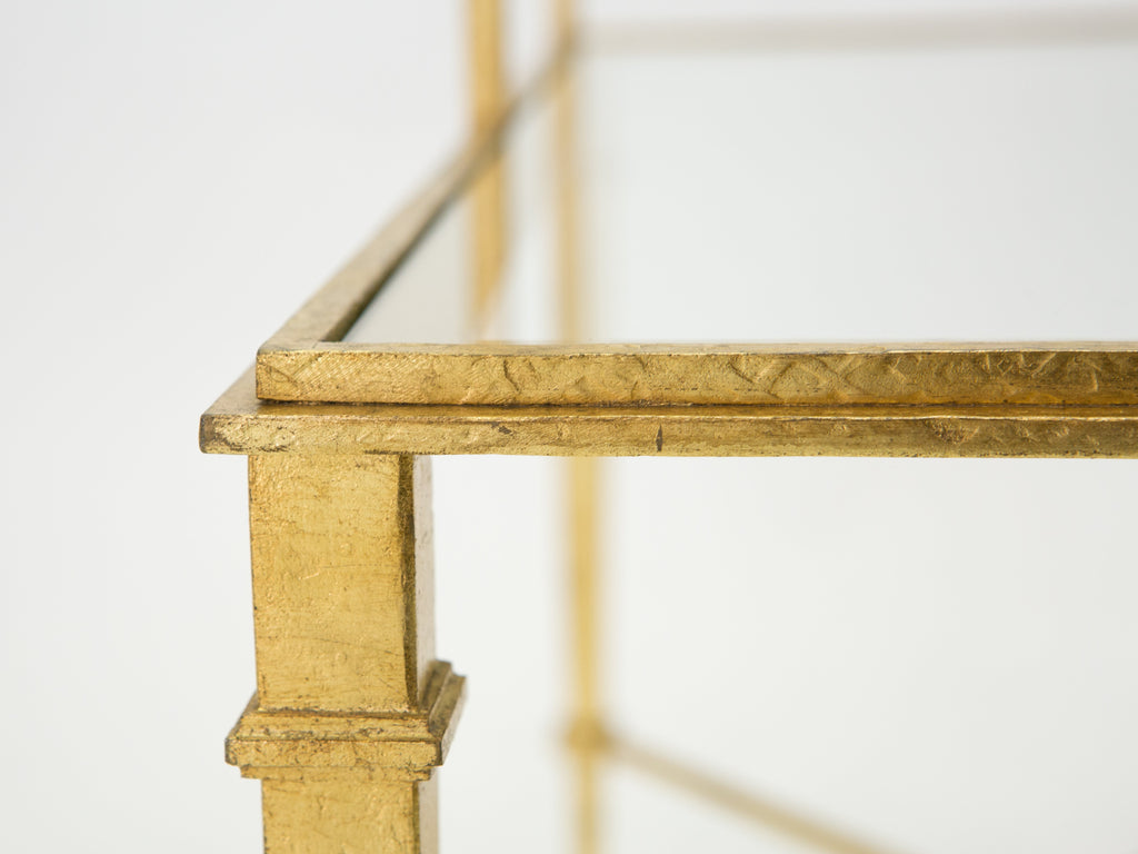 Roger Thibier gilt wrought iron glass two-tier end table 1960s