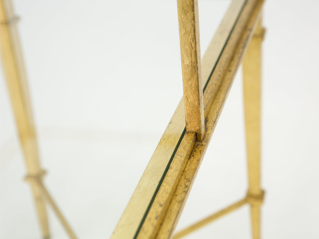 Roger Thibier gilt wrought iron glass two-tier end table 1960s