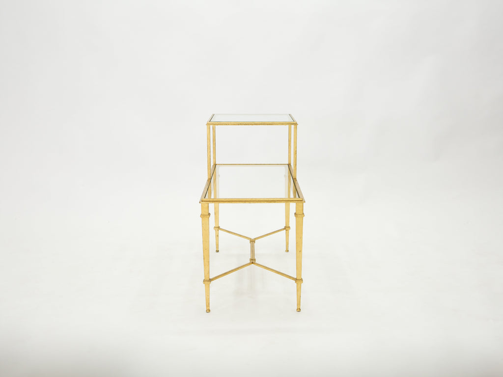 Roger Thibier gilt wrought iron glass two-tier end table 1960s