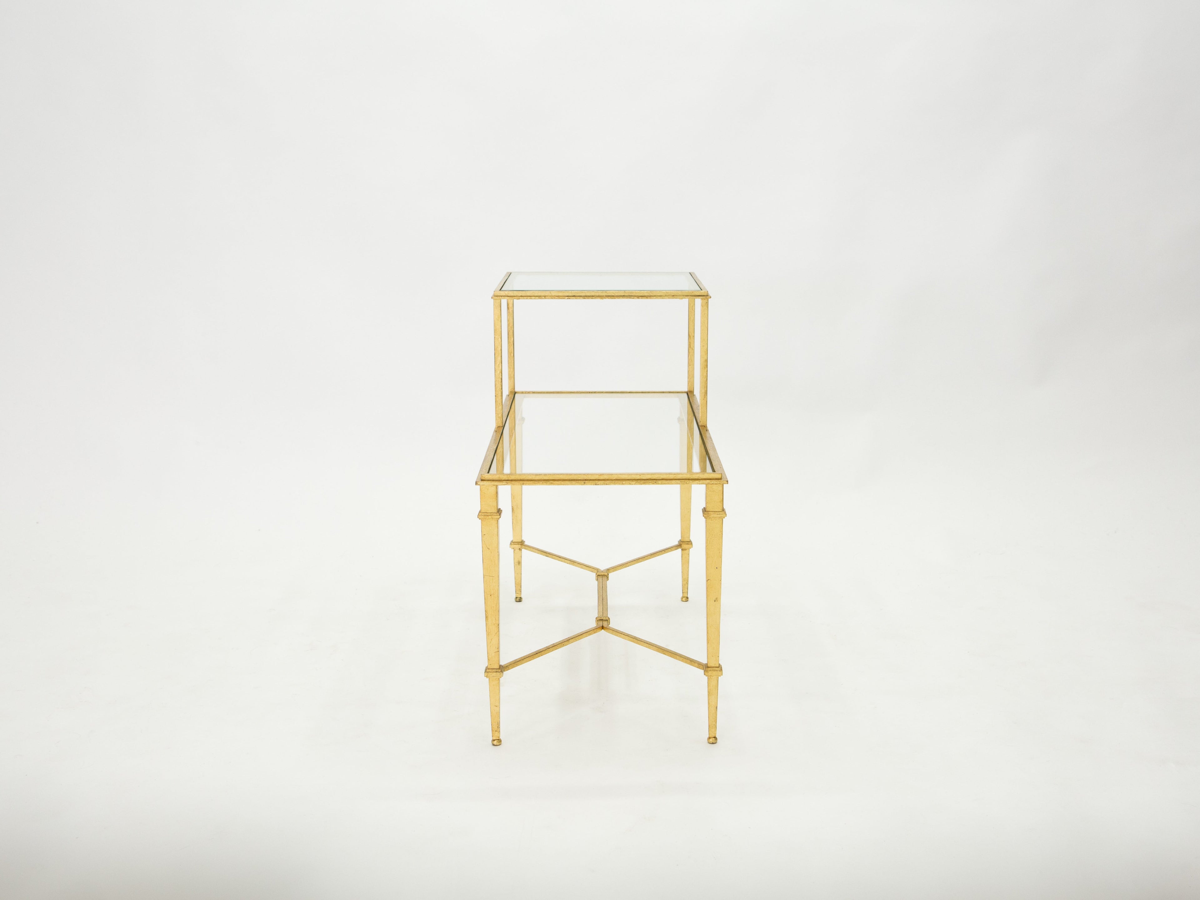 Roger Thibier gilt wrought iron glass two-tier end table 1960s