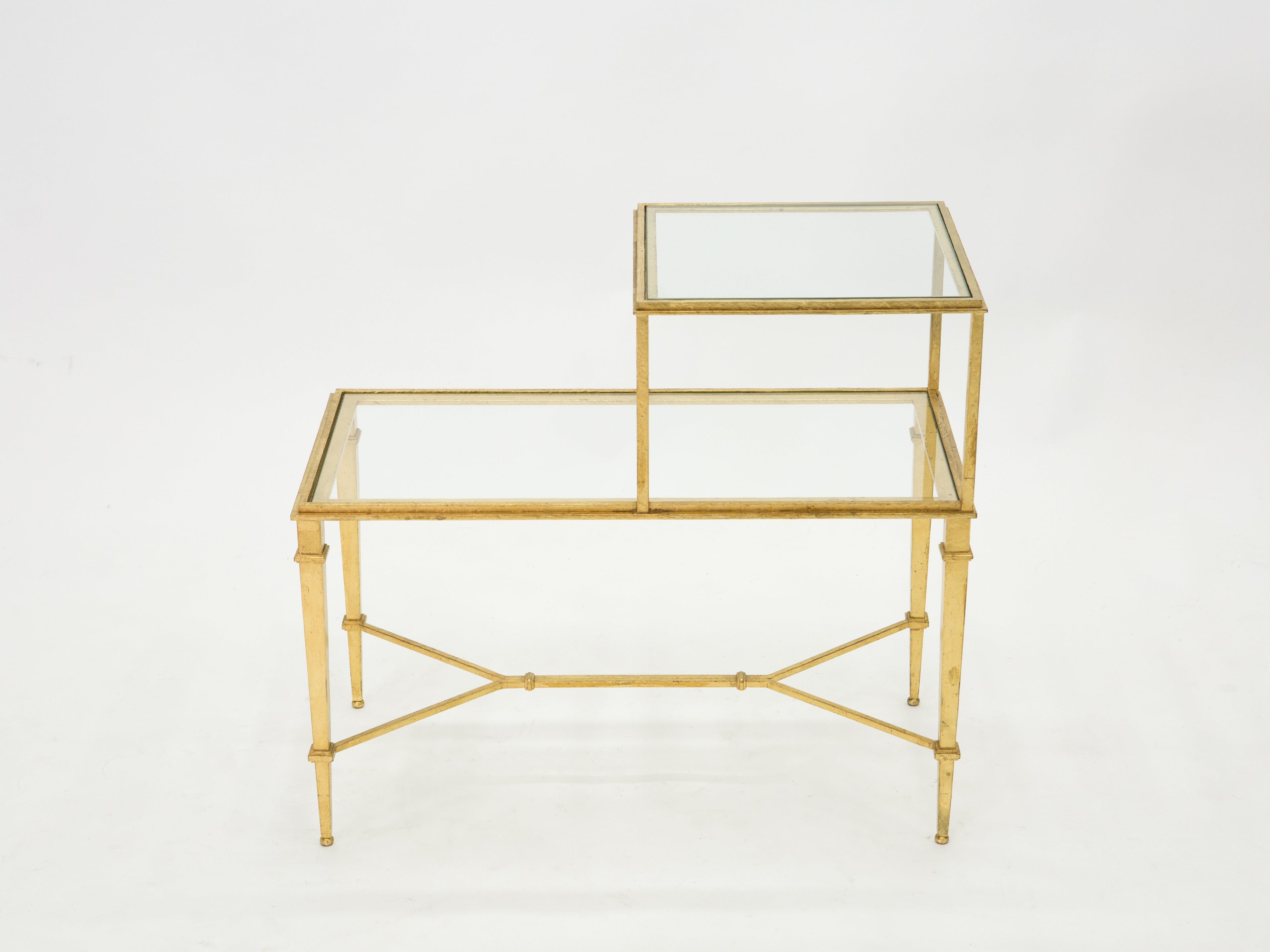 Roger Thibier gilt wrought iron glass two-tier end table 1960s