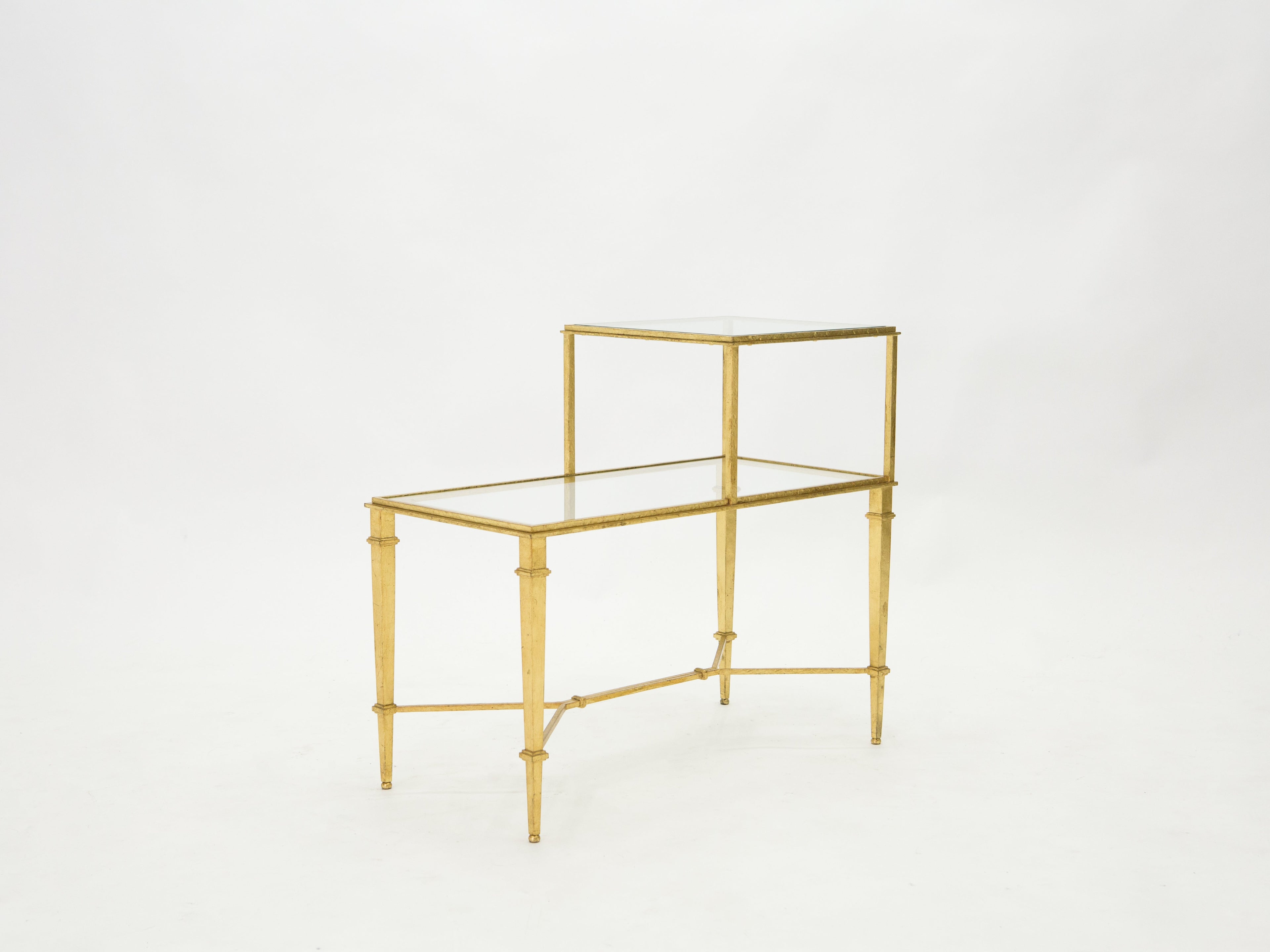 Roger Thibier gilt wrought iron glass two-tier end table 1960s