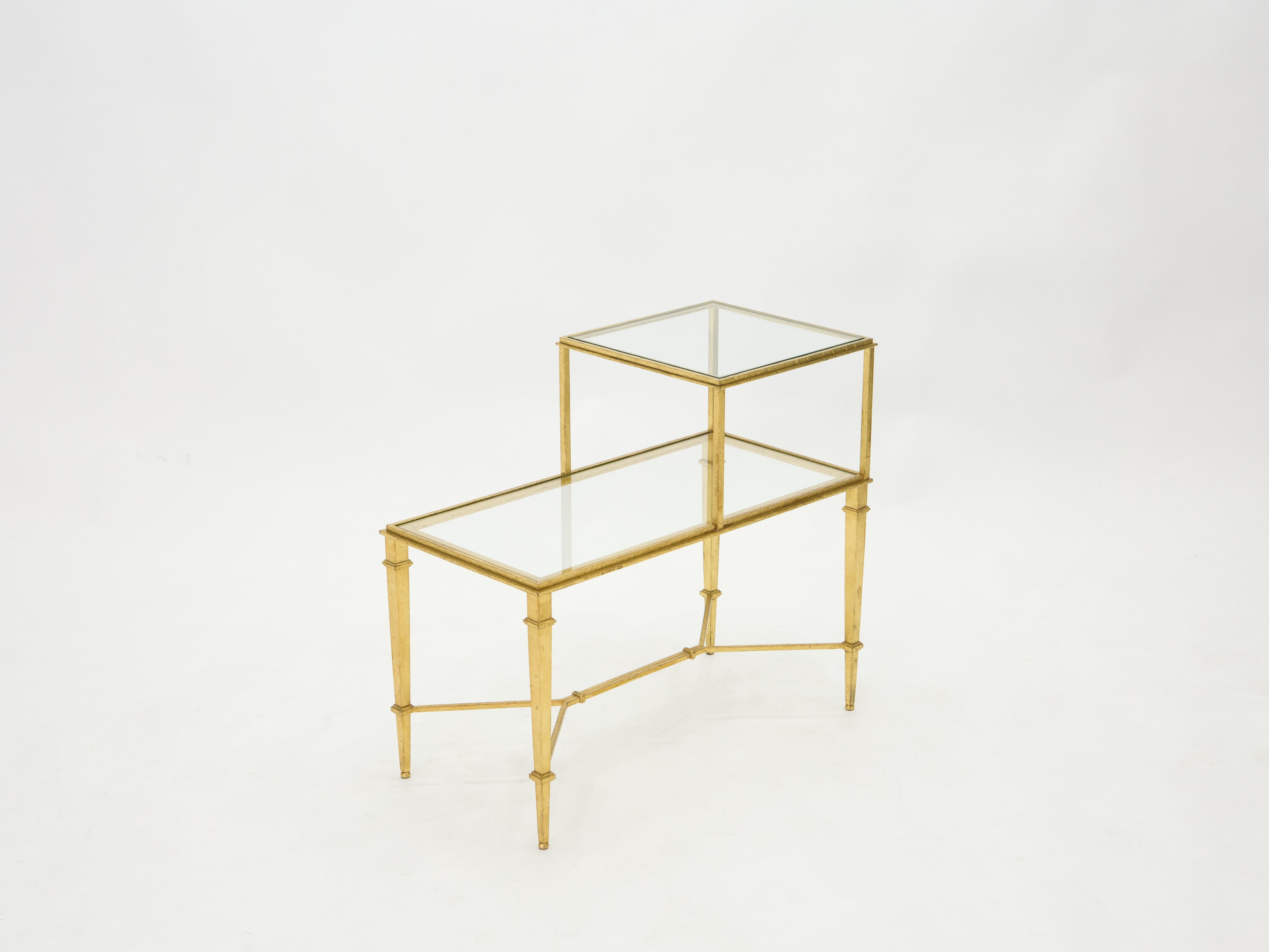 Roger Thibier gilt wrought iron glass two-tier end table 1960s