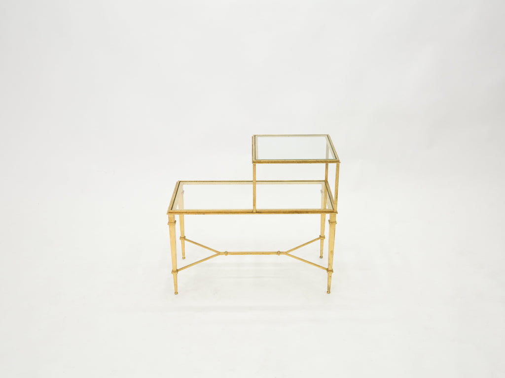 Roger Thibier gilt wrought iron glass two-tier end table 1960s