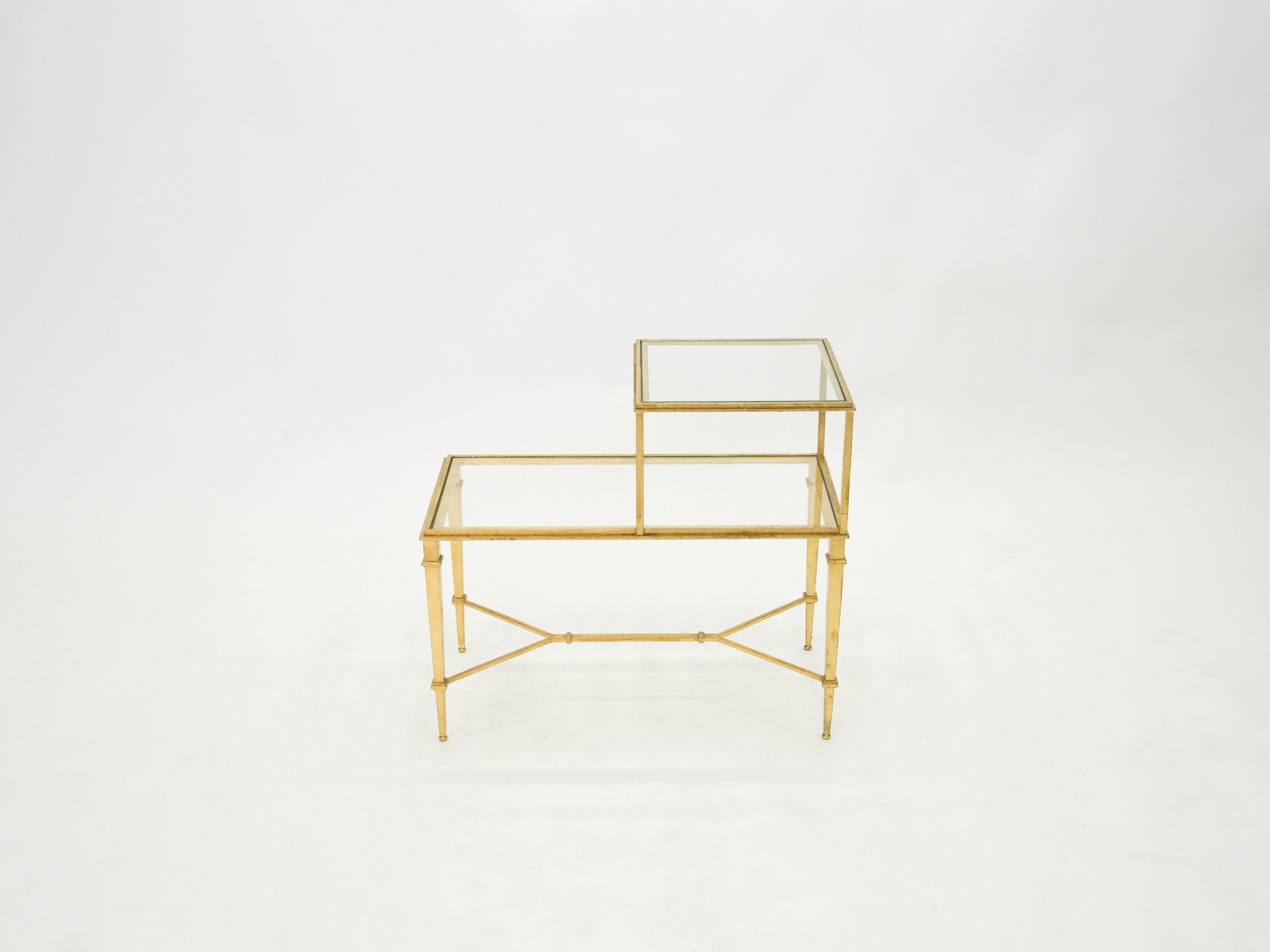 Roger Thibier gilt wrought iron glass two-tier end table 1960s