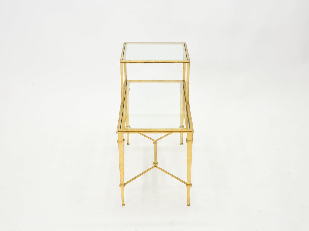 Roger Thibier gilt wrought iron glass two-tier end table 1960s