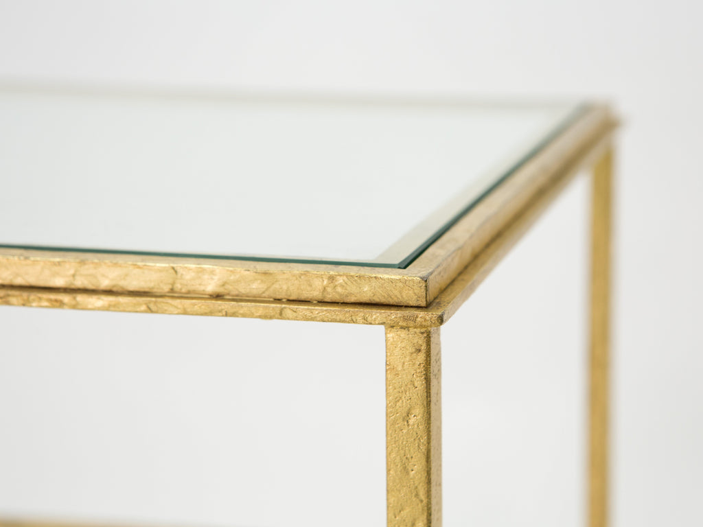 Roger Thibier gilt wrought iron glass two-tier end table 1960s