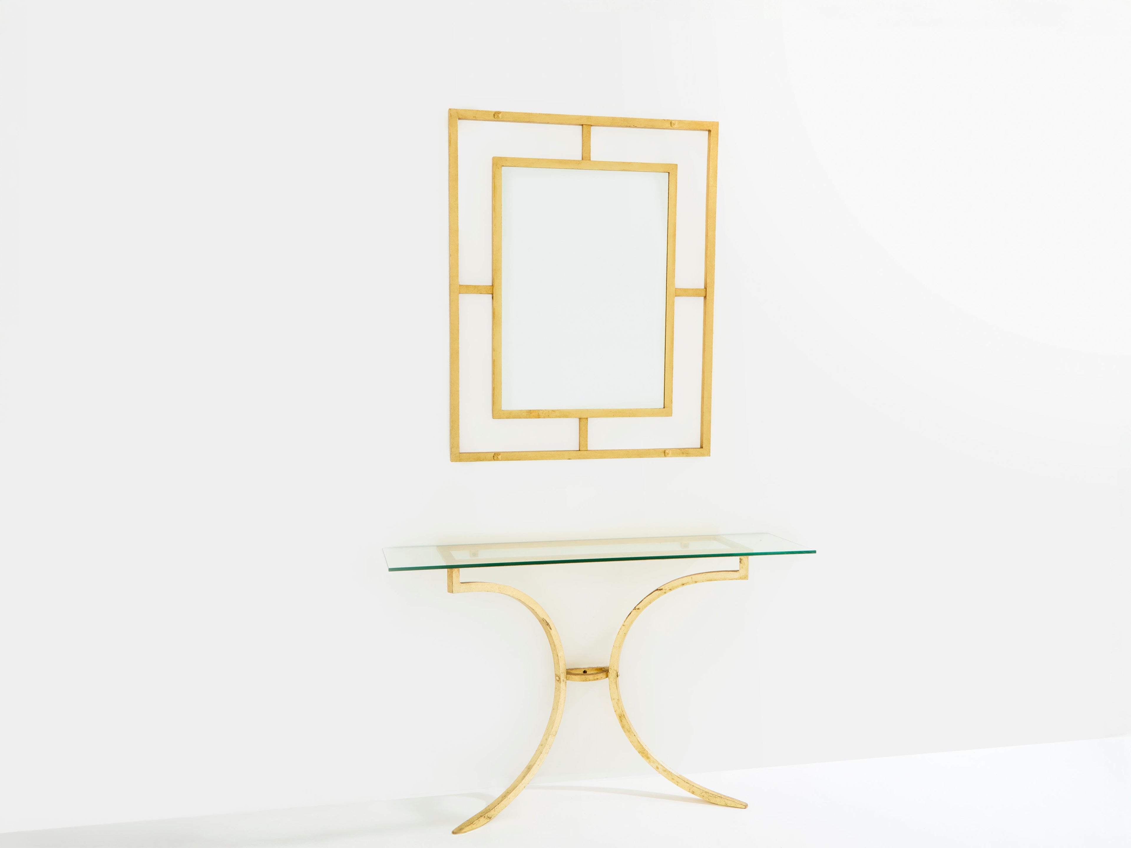 Roger Thibier gilt wrought iron console table with mirror 1960s