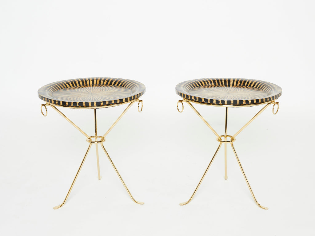 Pair of Romeo Paris brass straw marquetry gueridon tables 1970s