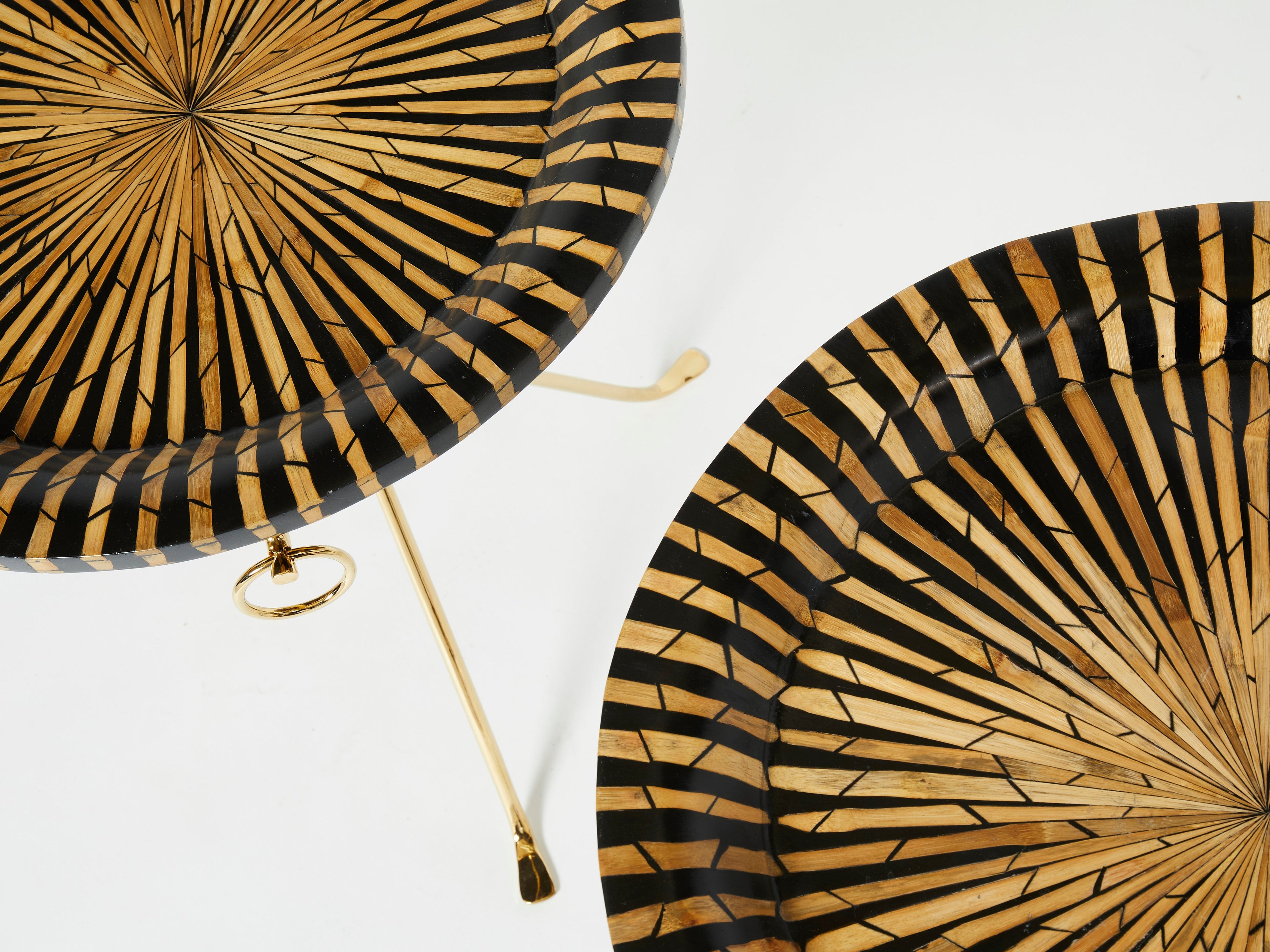 Pair of Romeo Paris brass straw marquetry gueridon tables 1970s