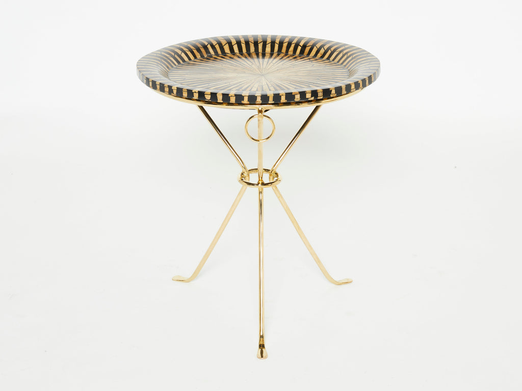 Pair of Romeo Paris brass straw marquetry gueridon tables 1970s