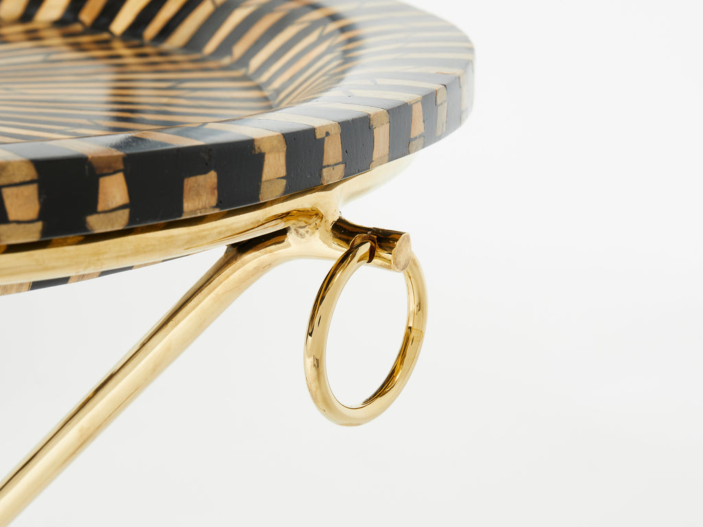 Pair of Romeo Paris brass straw marquetry gueridon tables 1970s