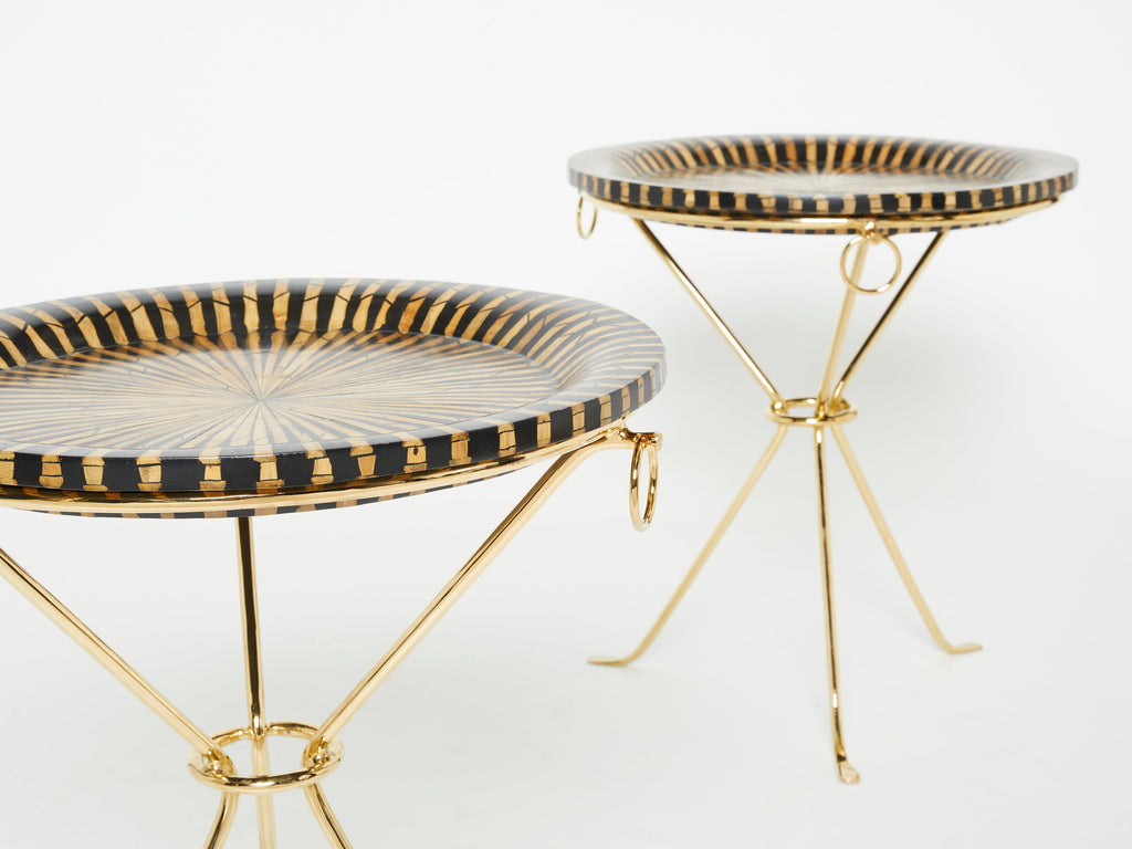Pair of Romeo Paris brass straw marquetry gueridon tables 1970s