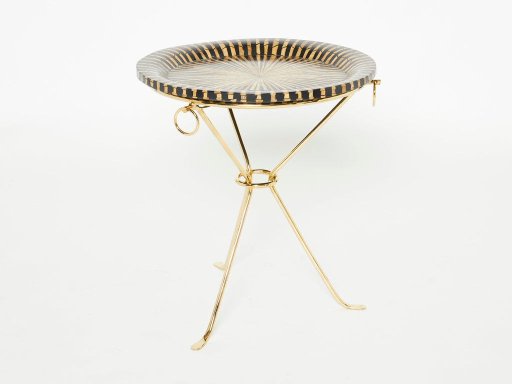 Pair of Romeo Paris brass straw marquetry gueridon tables 1970s