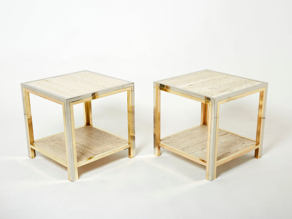 Pair of Italian brass chrome travertine end tables Romeo Rega 1970s
