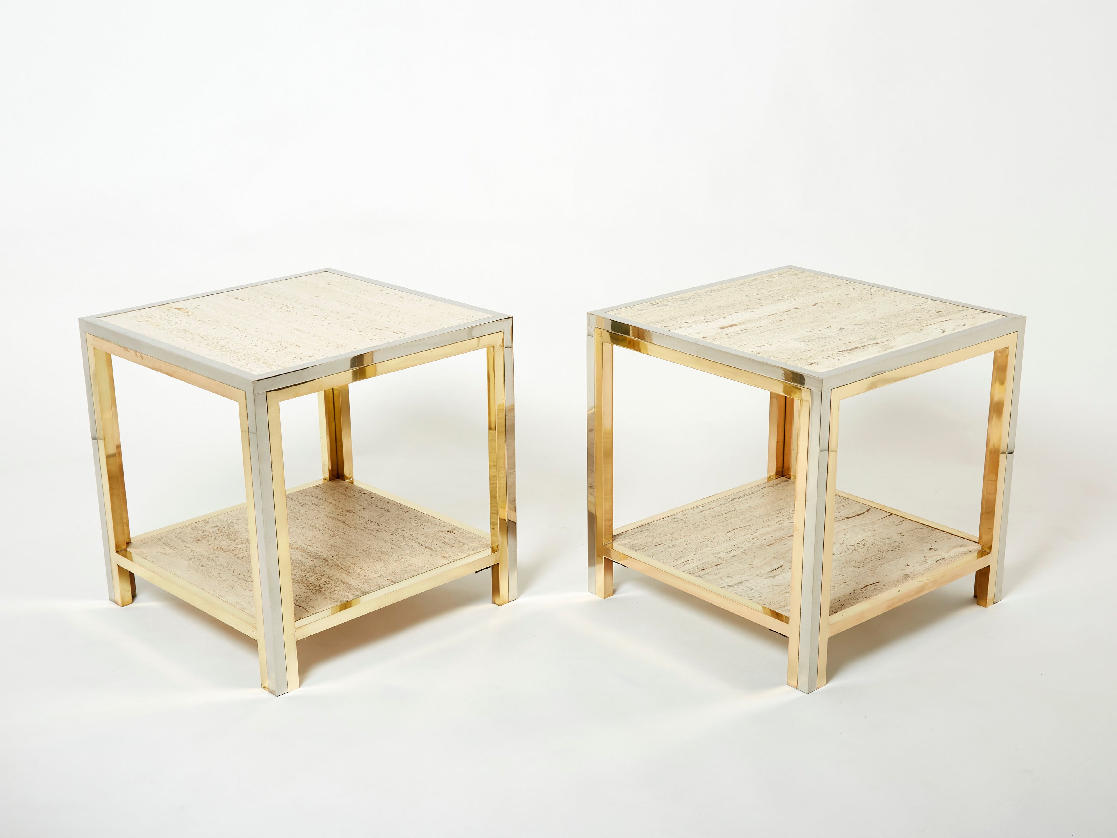 Pair of Italian brass chrome travertine end tables Romeo Rega 1970s