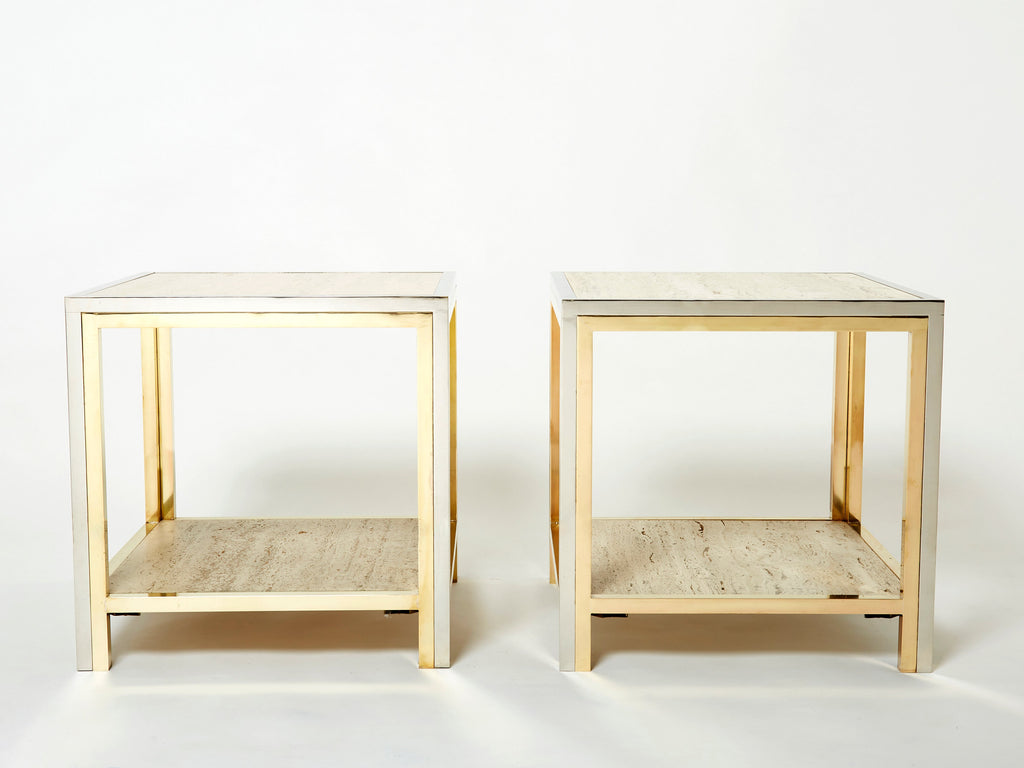 Pair of Italian brass chrome travertine end tables Romeo Rega 1970s