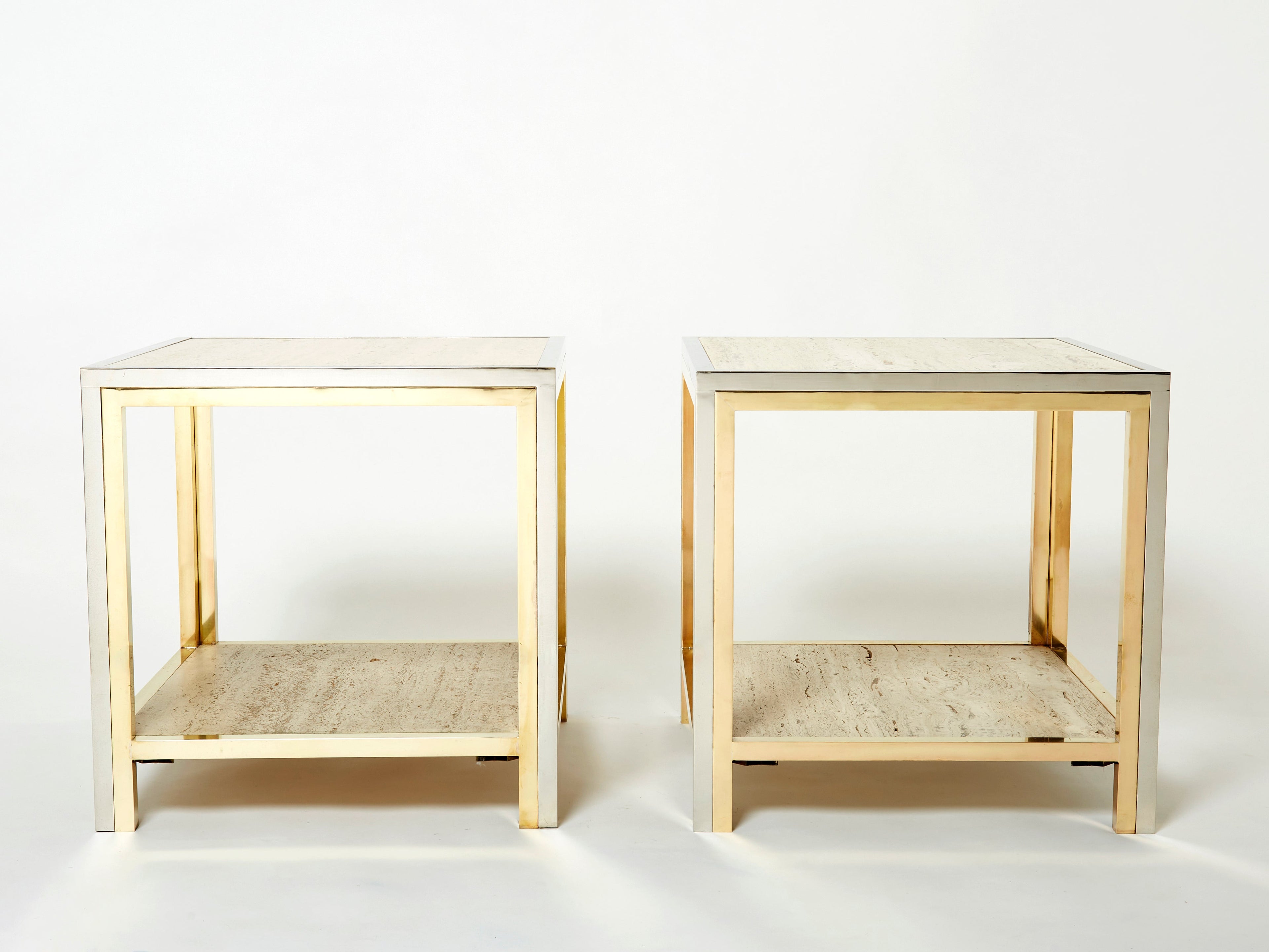 Pair of Italian brass chrome travertine end tables Romeo Rega 1970s