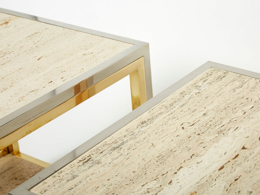 Pair of Italian brass chrome travertine end tables Romeo Rega 1970s