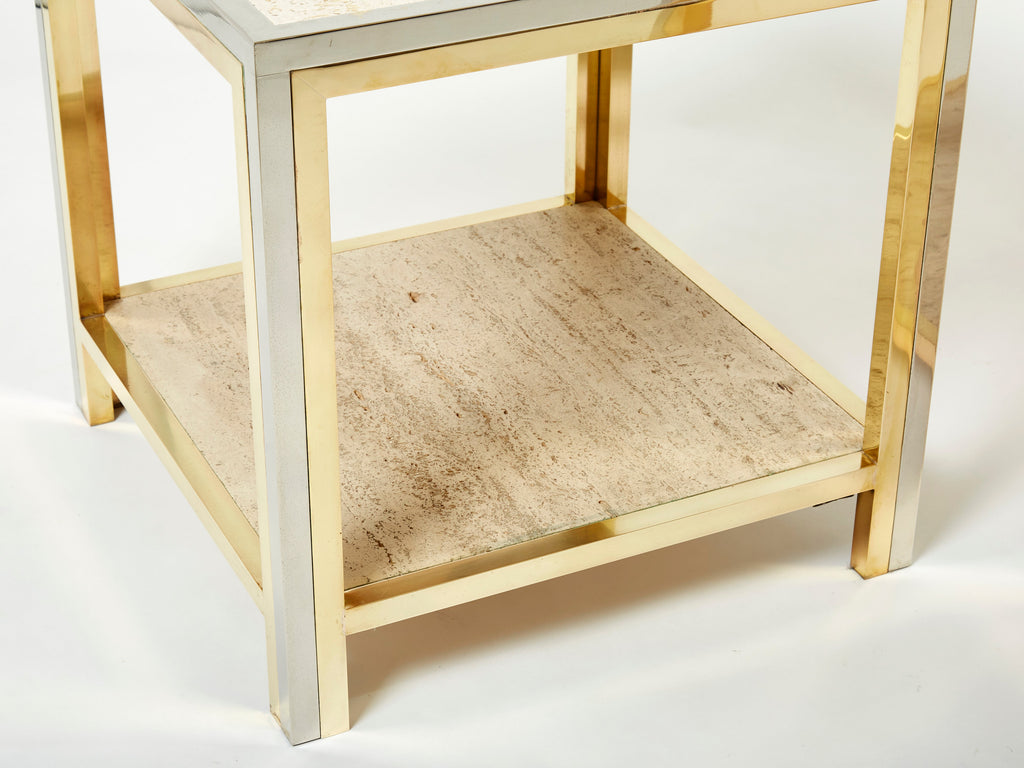 Pair of Italian brass chrome travertine end tables Romeo Rega 1970s
