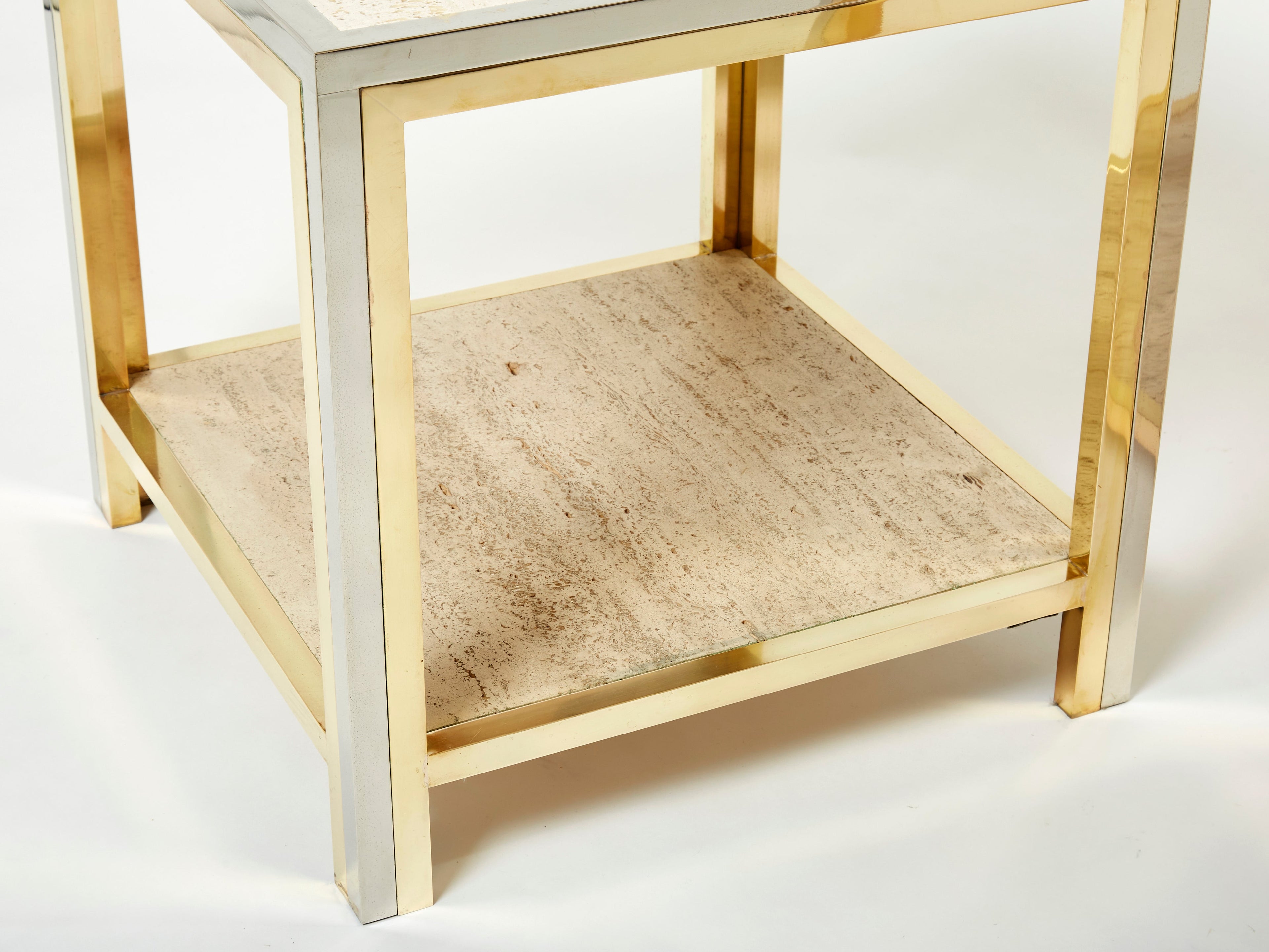 Pair of Italian brass chrome travertine end tables Romeo Rega 1970s