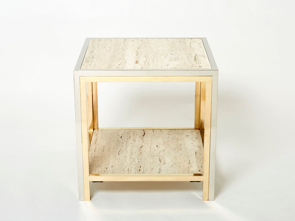 Pair of Italian brass chrome travertine end tables Romeo Rega 1970s