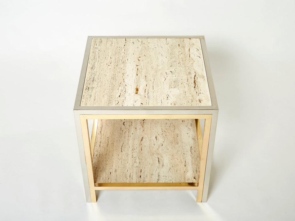 Pair of Italian brass chrome travertine end tables Romeo Rega 1970s