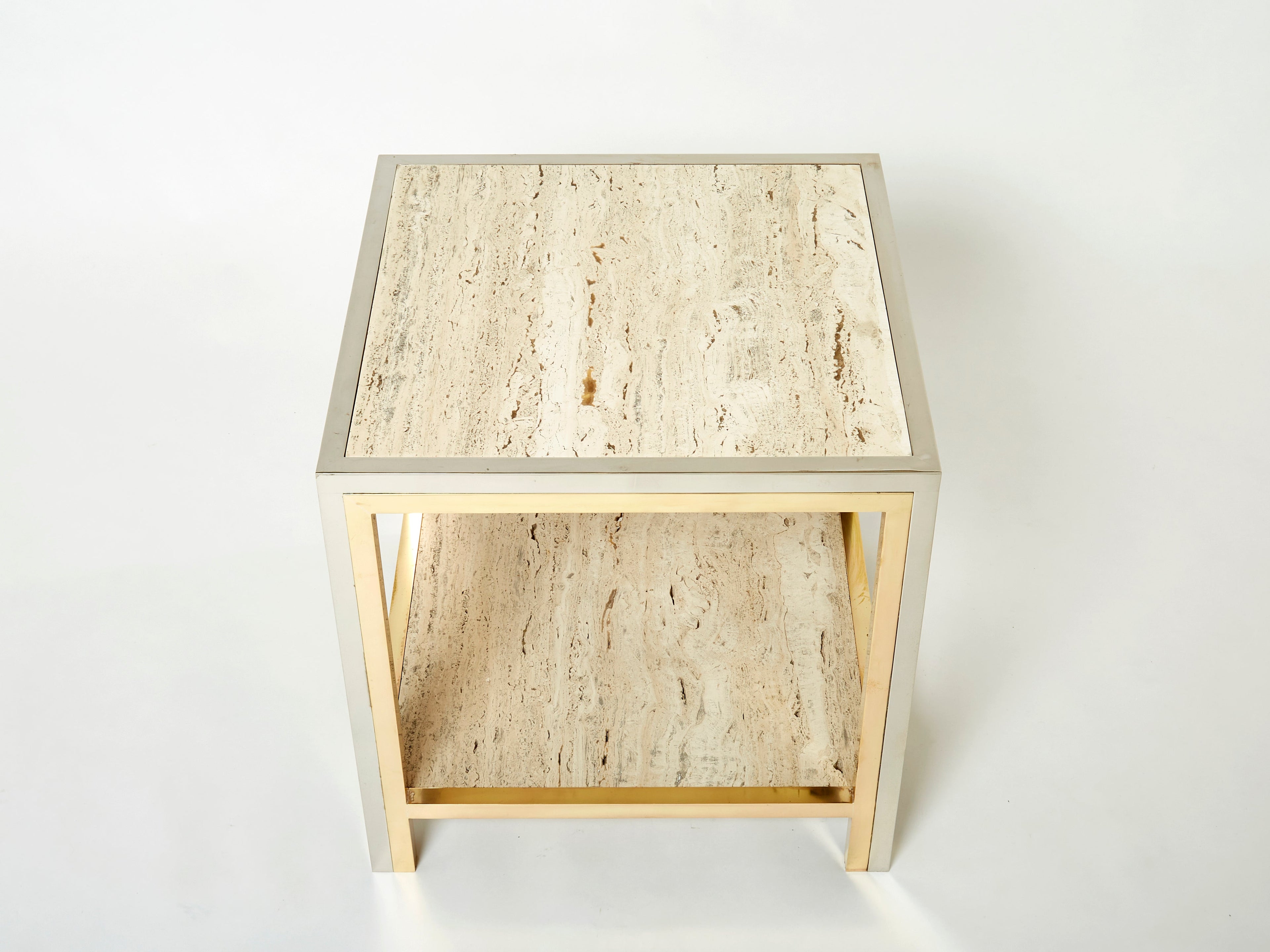Pair of Italian brass chrome travertine end tables Romeo Rega 1970s