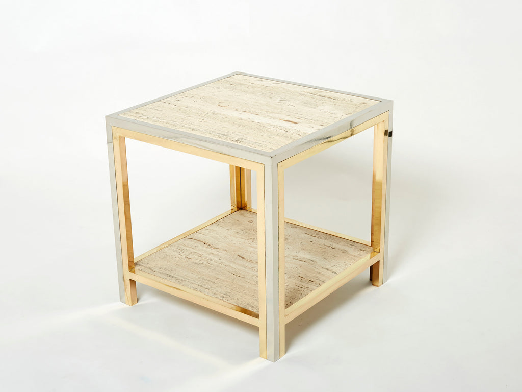 Pair of Italian brass chrome travertine end tables Romeo Rega 1970s