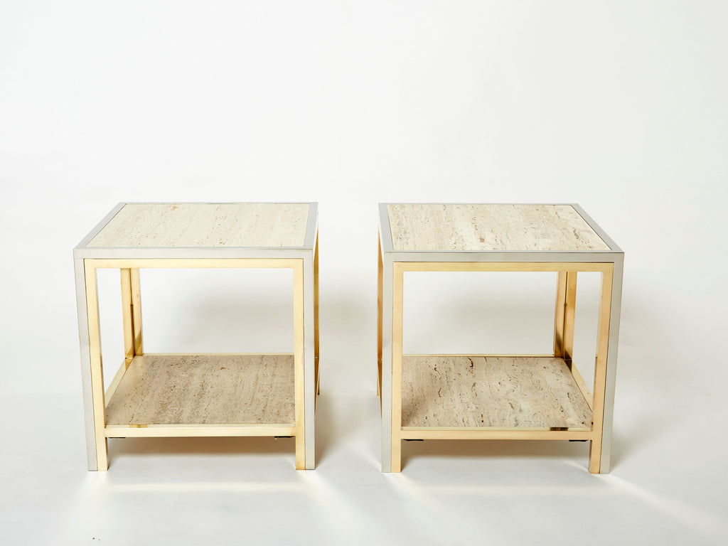 Pair of Italian brass chrome travertine end tables Romeo Rega 1970s
