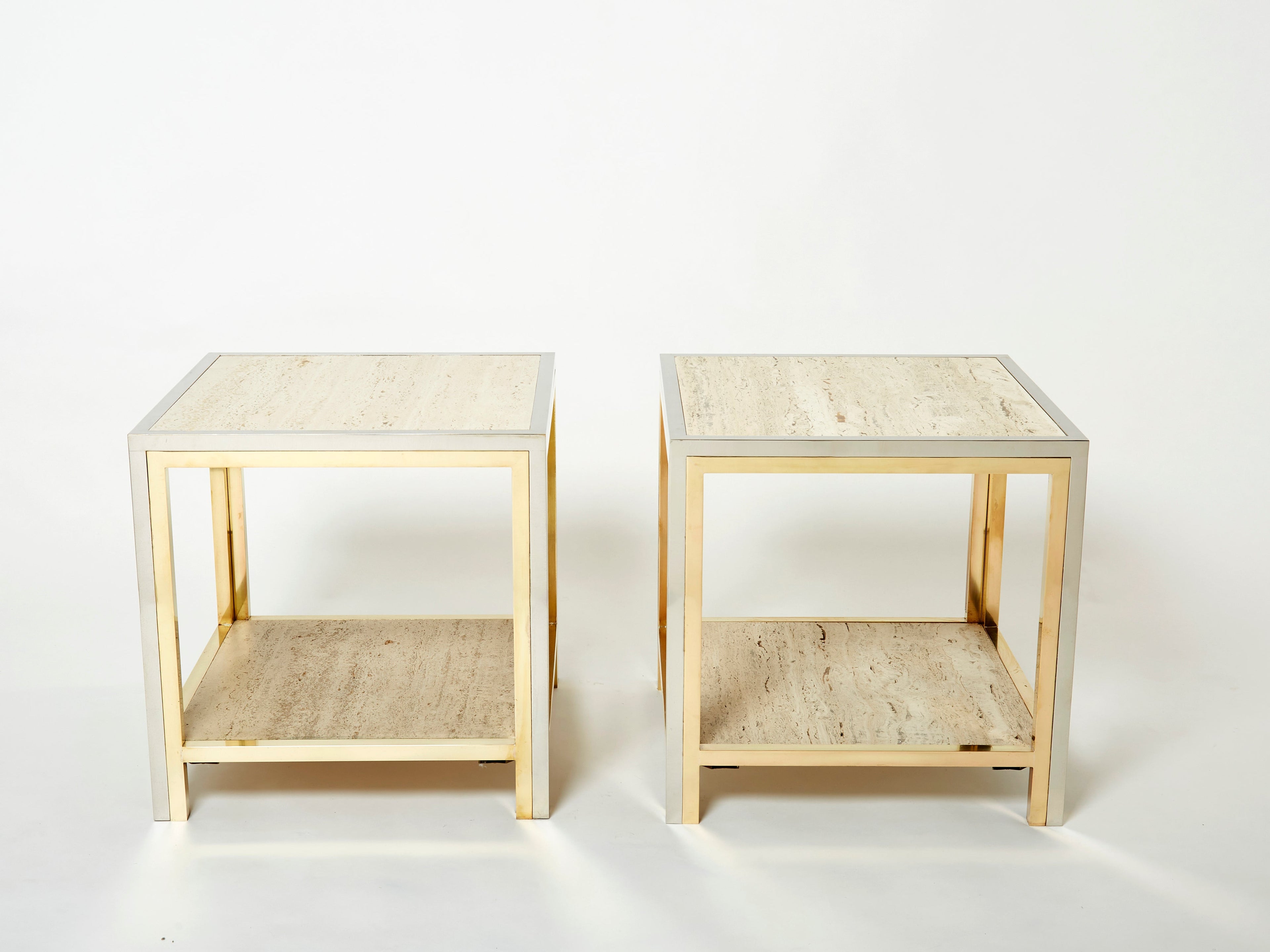 Pair of Italian brass chrome travertine end tables Romeo Rega 1970s