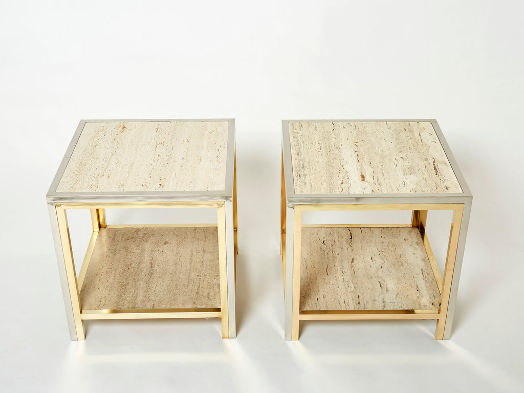 Pair of Italian brass chrome travertine end tables Romeo Rega 1970s