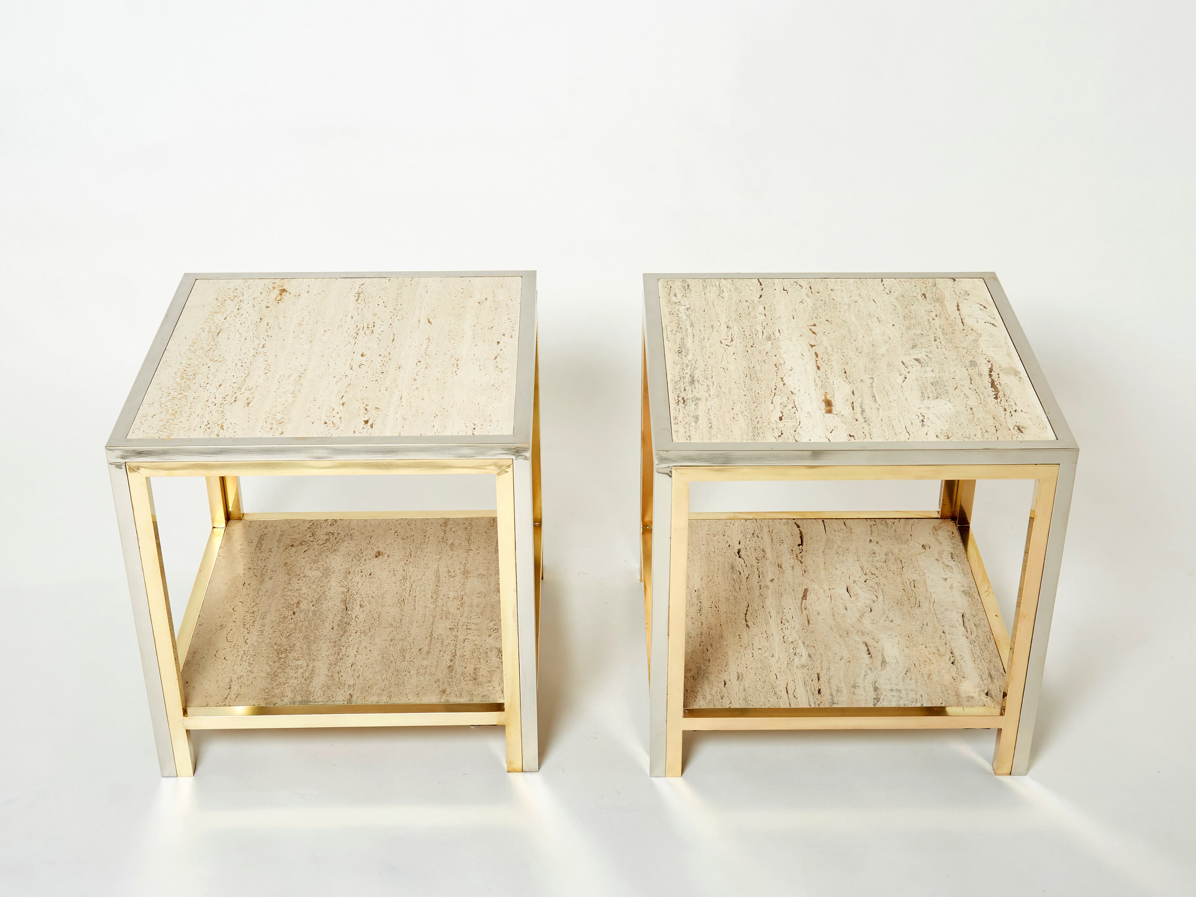 Pair of Italian brass chrome travertine end tables Romeo Rega 1970s