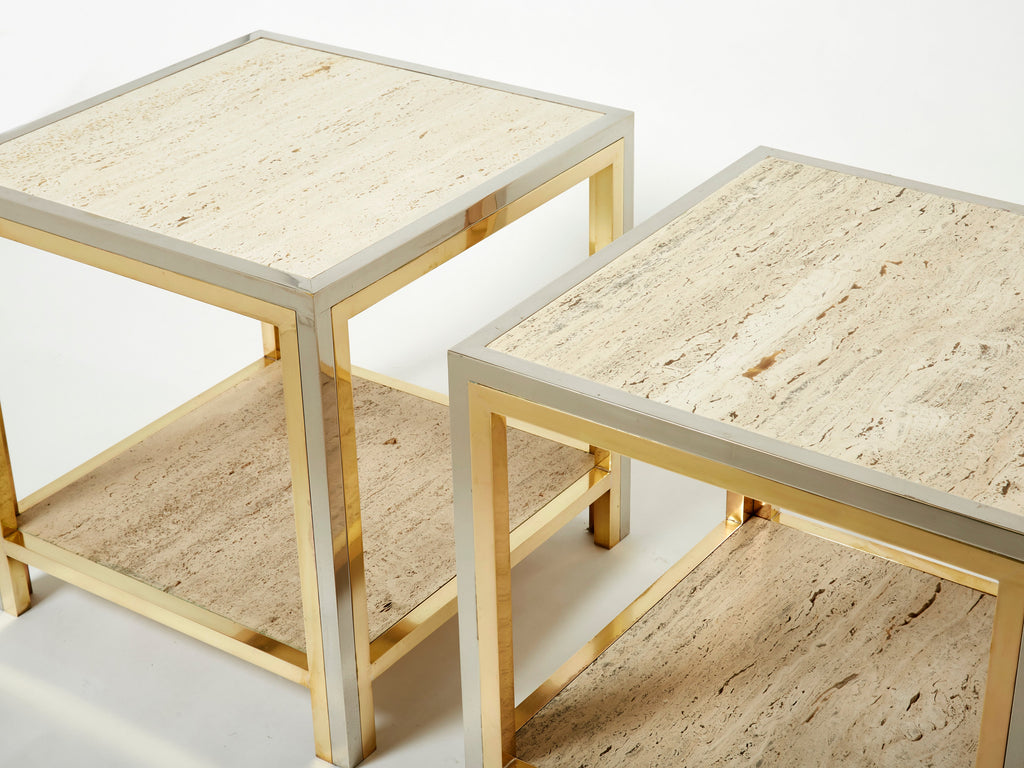 Pair of Italian brass chrome travertine end tables Romeo Rega 1970s