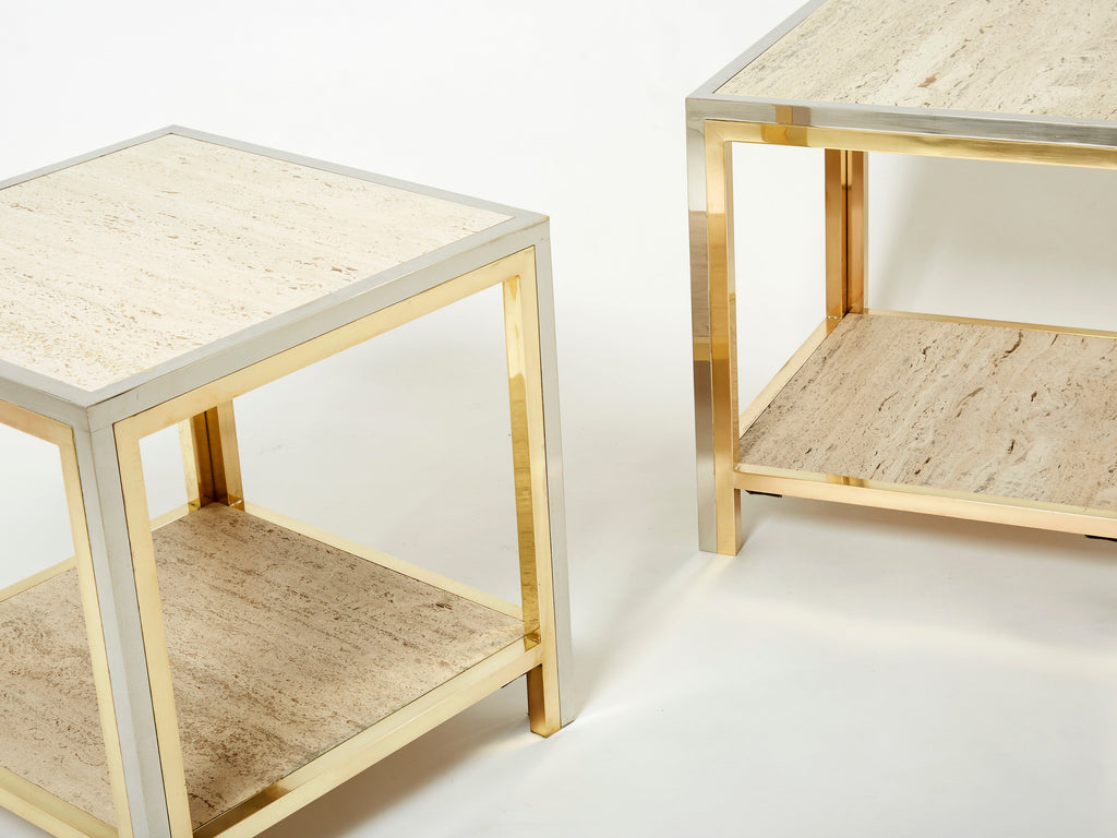 Pair of Italian brass chrome travertine end tables Romeo Rega 1970s