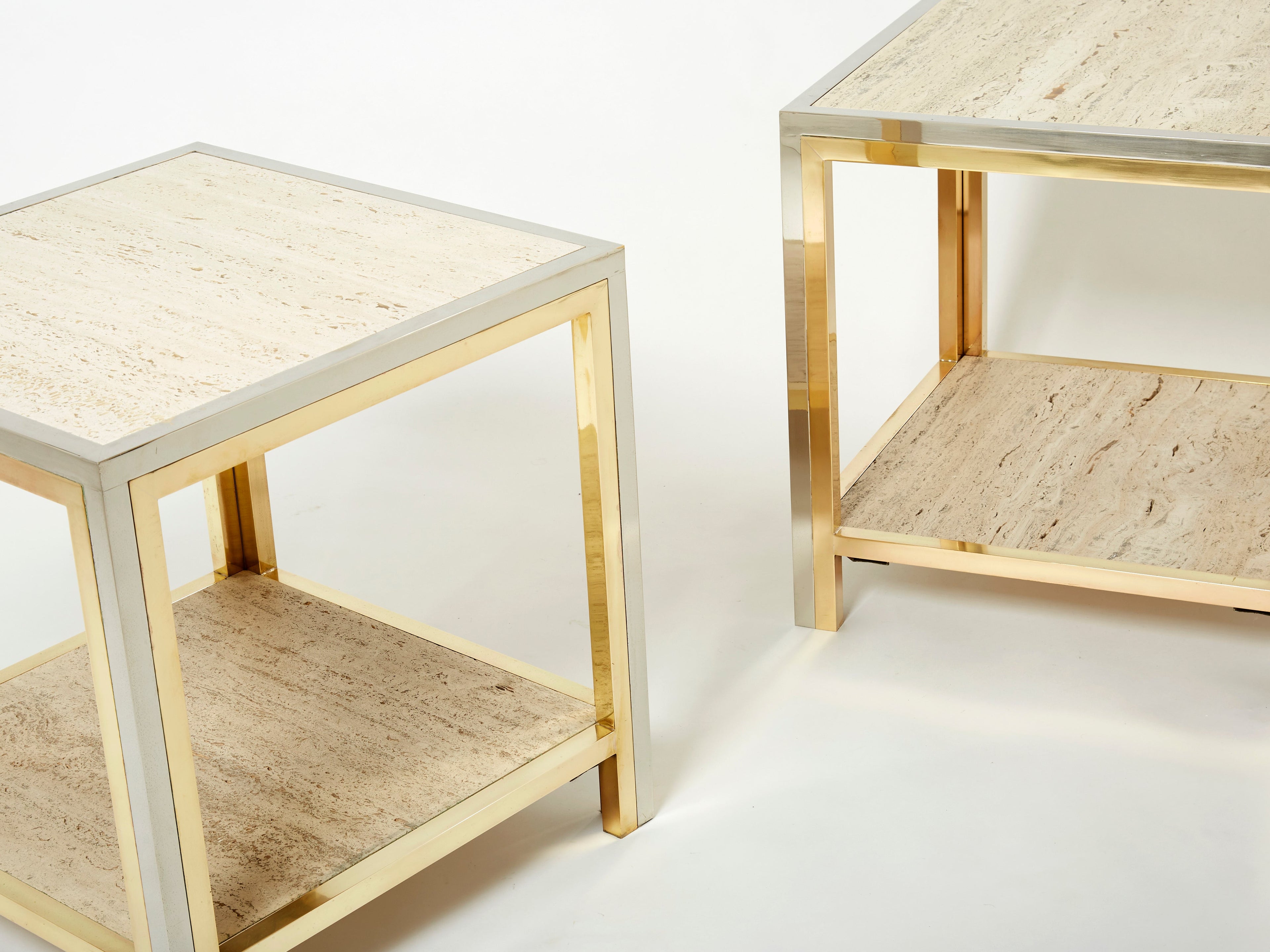 Pair of Italian brass chrome travertine end tables Romeo Rega 1970s