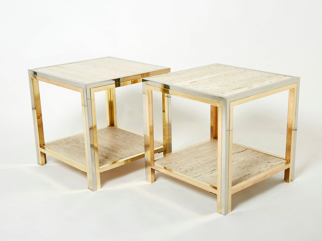 Pair of Italian brass chrome travertine end tables Romeo Rega 1970s
