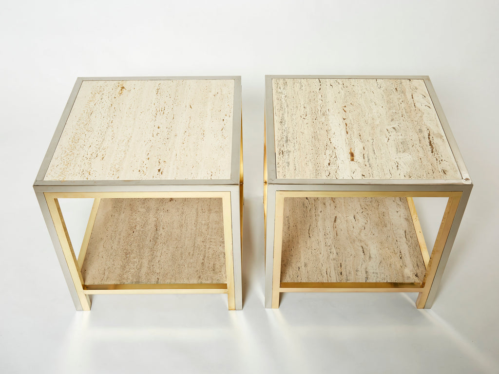 Pair of Italian brass chrome travertine end tables Romeo Rega 1970s