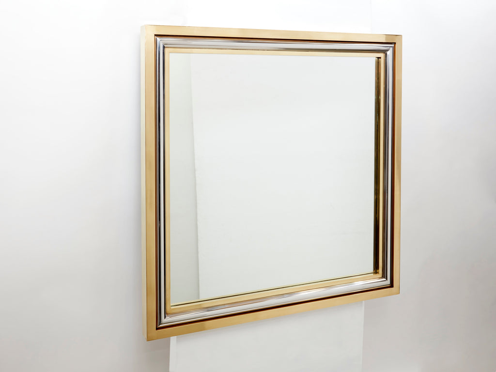 Romeo Rega for Metalarte Large Brass chrome square mirror 1970s