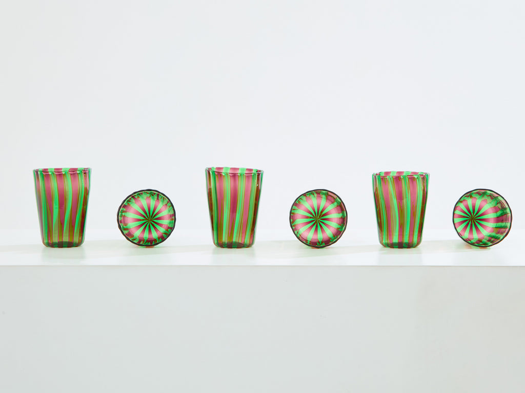Set of 6 Italian Murano green and purple glass tumblers 1980s