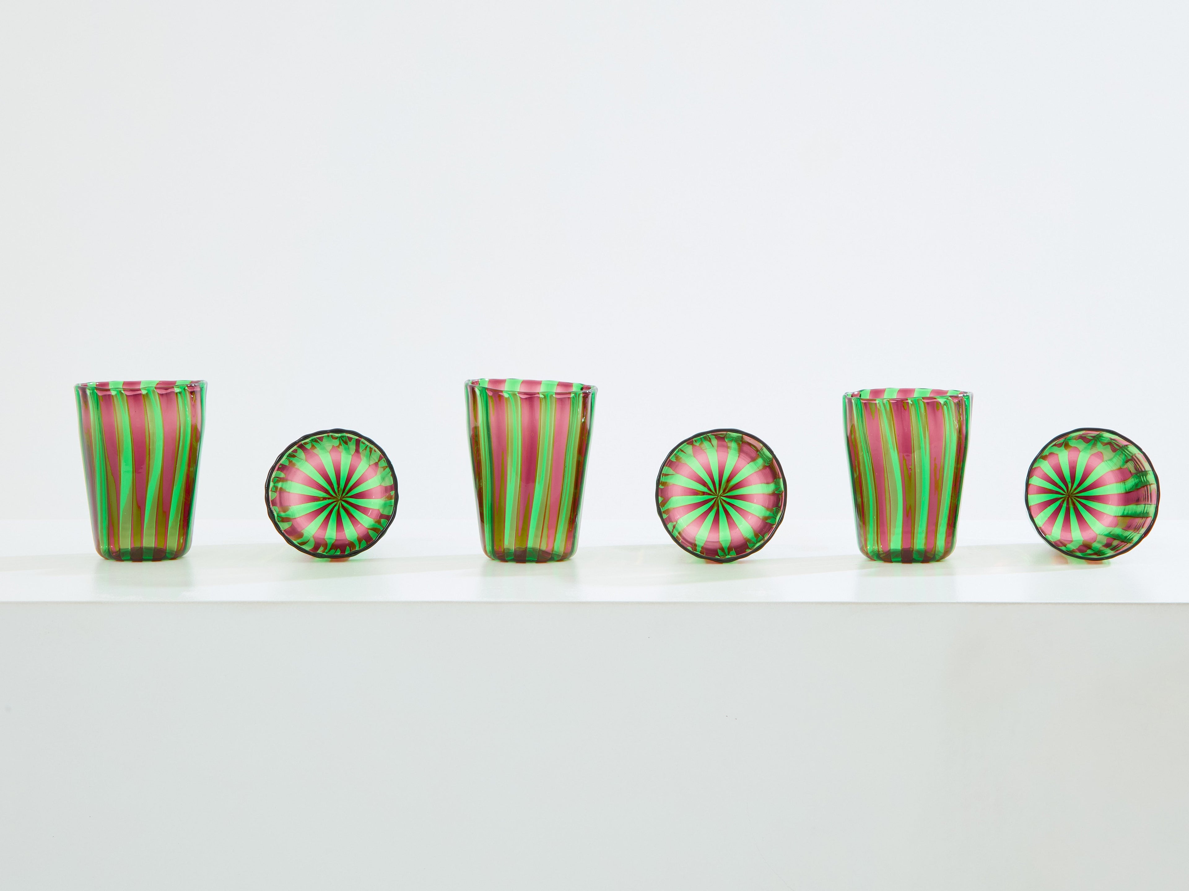 Set of 6 Italian Murano green and purple glass tumblers 1980s