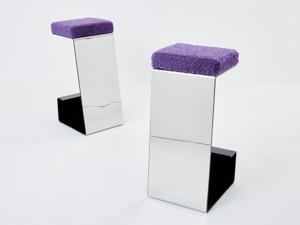 Set of six french wrought iron polished steel bouclé bar stools 1970s