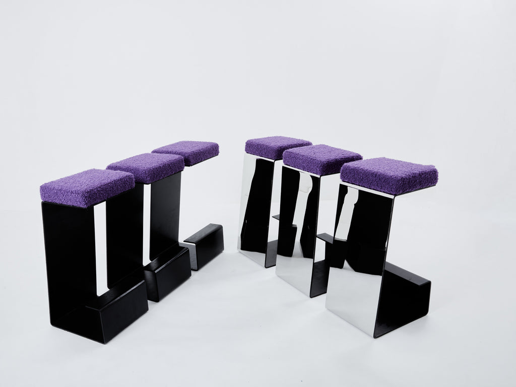 Set of six french wrought iron polished steel bouclé bar stools 1970s