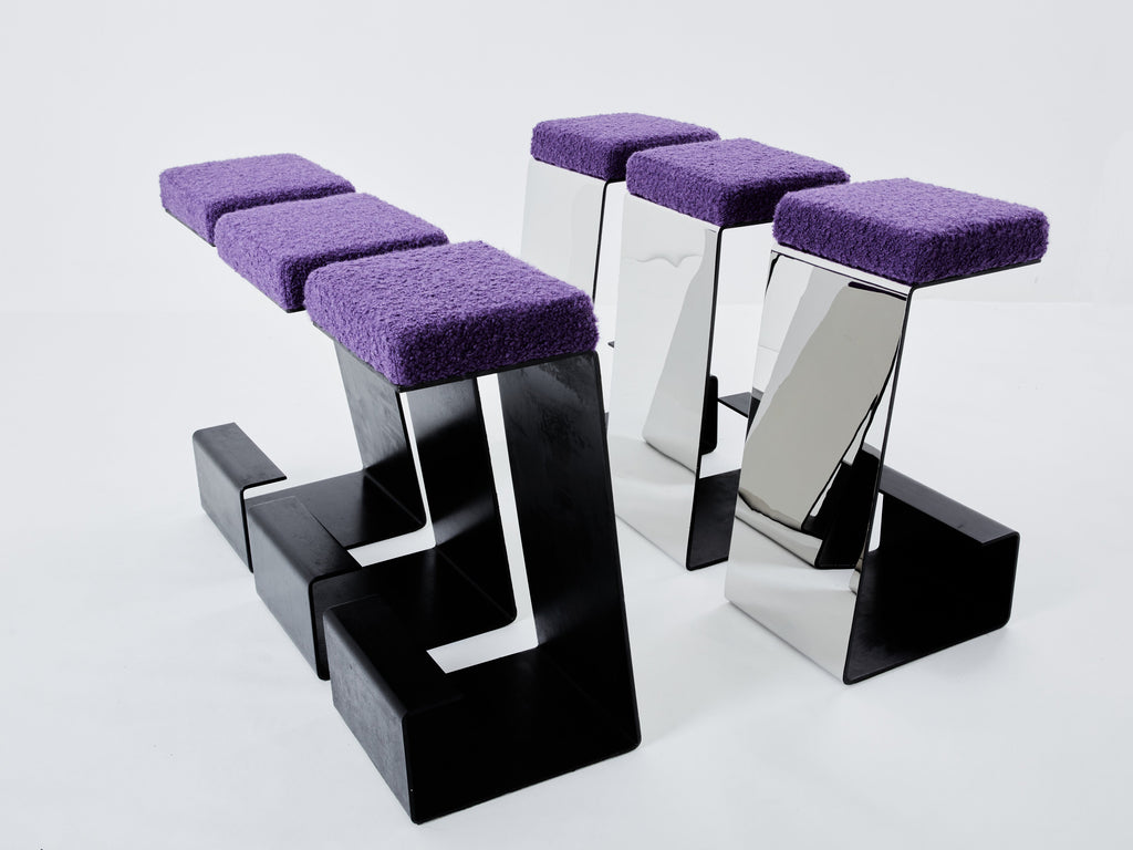 Set of six french wrought iron polished steel bouclé bar stools 1970s